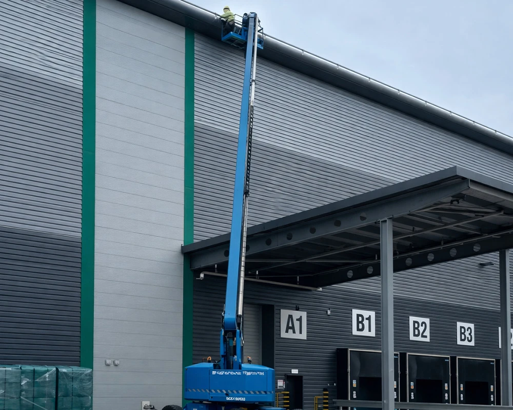 Operative working at height from a mobile boom lift inspecting roof and façade panels on a large industrial warehouse building